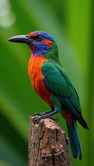 Obraz premium Bird perched on palm trunk with insects caught, wildlife, nature