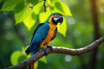 Obraz premium Bird's eye view of blue and gold macaw on a tree branch, bird's eye view, sunlight filter