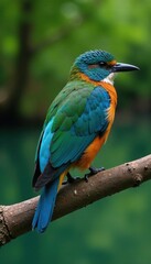 Obraz premium Bird with bright blue and green feathers on a river branch, river, feathered friend