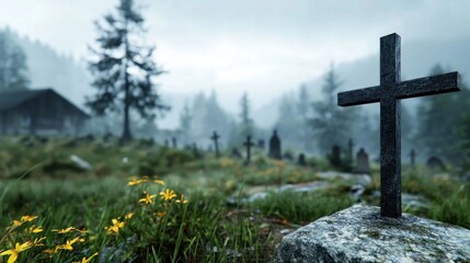 Haunting graveyard landscape with a weathered wooden cross amidst a foggy moss covered forest  The scene evokes a sense of solitude spirituality and the ephemeral nature of life