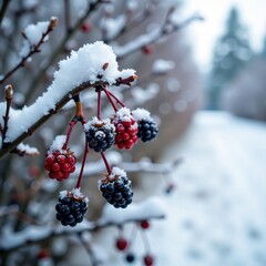 Black berries hang frozen under the snow-covered branches of a shrub, frostbite, blackberries, black