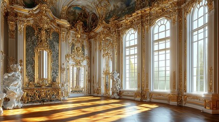 Fototapeta premium Opulent gilded room lit softly, fantasy-inspired 3D render. AI Generated