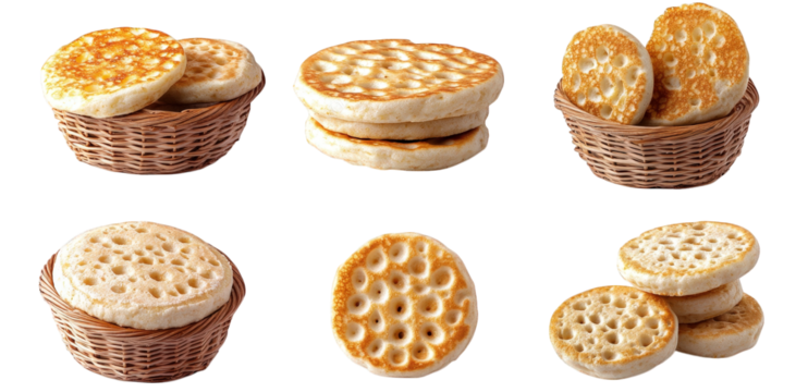 six crumpets in various arrangements. including stacked in a wicker basket. isolated on transparent background