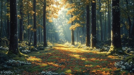 Obraz premium Sunlit autumn forest path, fallen leaves.