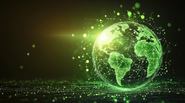 Green Global Network: A mesmerizing digital rendering of planet Earth, glowing with vibrant green energy, symbolizes global connectivity and sustainable solutions.