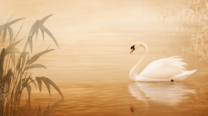 Obraz premium Graceful white swan glides on tranquil water amidst soft, warm tones