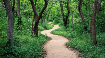 Fototapeta premium A peaceful forest trail with empty space at the top for text, showcasing lush greenery, towering trees, and a winding path. Ideal for nature quotes or outdoor adventure promotions. 