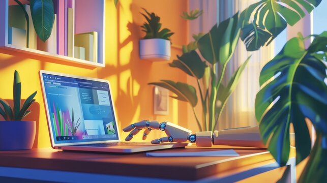 Webinar icon in robotic hand. Internet conference. Web based seminar. Distance Learning. E-learning Training business technology Concept on virtual screen. Vector illustration.