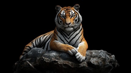 Obraz premium Tiger resting on rock against black.