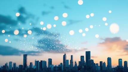 A futuristic cityscape with holographic atoms projected in the sky, representing the role of atomic level technologies in shaping the cities of the future.