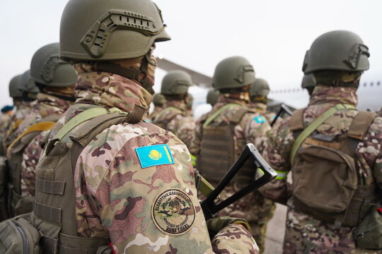 Almaty, Kazakhstan - 12.05.2024 : The patch of the airborne troops and the flag of Kazakhstan on the soldier's uniform.