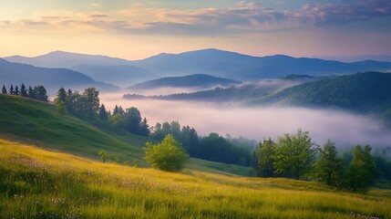 Obraz premium Sunrise Over Misty Mountain Valley: Scenic Landscape Photography. AI Generated