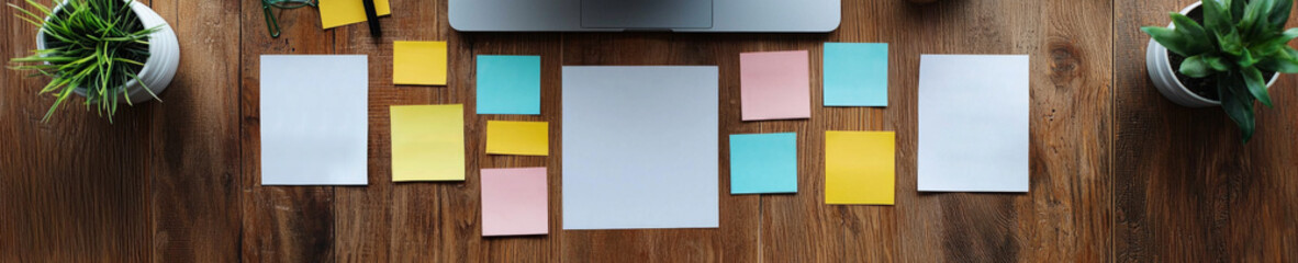 Organizing ideas with sticky notes on a desk home office setting creative workspace overhead view