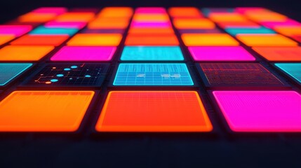 Abstract Colorful Background of Neon Squares and Grids at Night