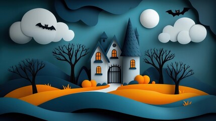 Haunted Castle Landscape with Bats and Pumpkins in Spooky Night Sky  Mystical and creepy halloween scene with a dark castle orange pumpkins and a full moon with bats in the night sky