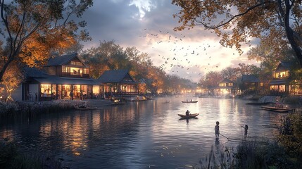 Fototapeta premium A serene riverside scene at dusk with traditional houses and people enjoying nature.