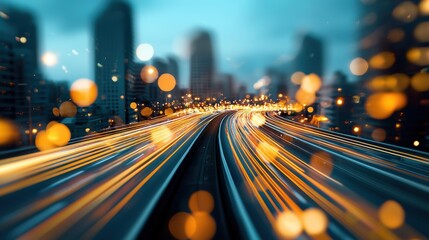 A bird eye view of a city at night, with blurred streaks of car headlights and taillights forming a network of glowing lines across the urban landscape.