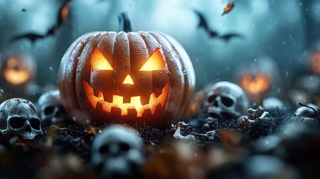 Spooky carved pumpkin jack o  lantern with glowing face and surrounding skulls on a dark moody autumn background with bats and other Halloween elements  Concept of horror spookiness