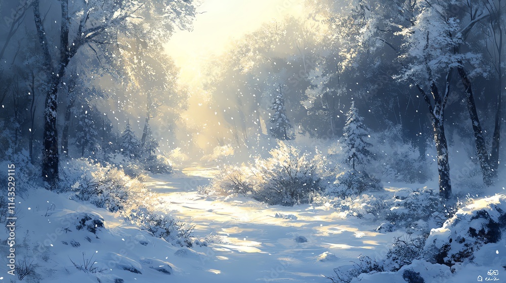 Aufkleber a serene winter landscape with snow-covered trees and soft light filtering through.