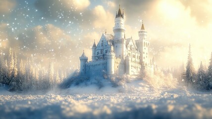 Fototapeta premium Majestic snow-covered castle surrounded by wintry forest