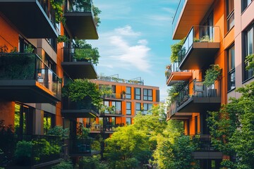 Obraz premium Lush Green Balconies of Modern Apartment Buildings