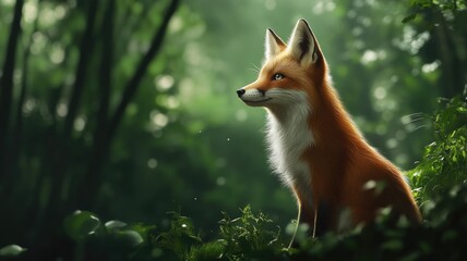 Fototapeta premium Fox in lush forest with sunlight filtering through trees
