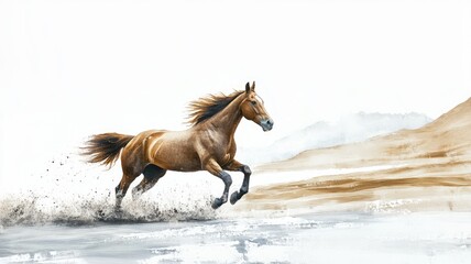 Obraz premium Horse gallops freely on beach, kicking up sand and water under clear sky