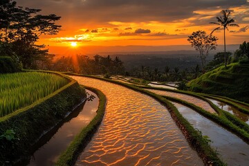 Fototapeta premium A scenic sunset over terraced rice fields, reflecting vibrant colors in the water.