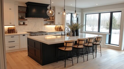 Modern farmhouse kitchen island with quartz countertops and dark cabinetry. Perfect for showcasing home design, interior design, or real estate listings.