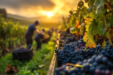 Vineyard harvest at sunset with workers collecting grapes.