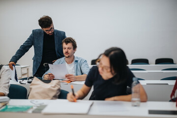 In a university classroom, a professor assists students with assignments. The classroom environment encourages learning, collaboration, and academic engagement as students focus on educational tasks.