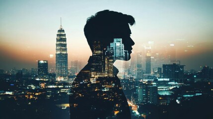 Modern life captured through double exposure art combining business and urban landscapes.