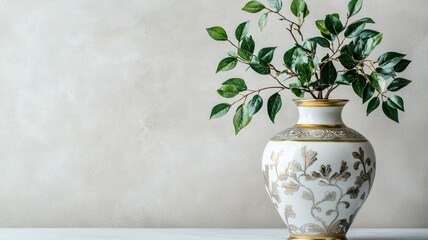 Elegant ceramic vase with intricate golden designs, holding green branches against neutral background