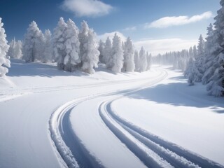 Fantastic winter road, bright sunny fairy tale winter landscape