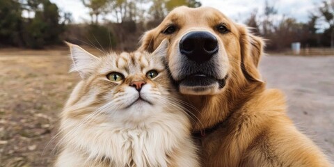 A playful cat and dog capturing a selfie in a sunny park.