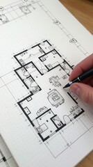 Detailed Ground Floor Blueprints With Hand Drawing Pen In Action