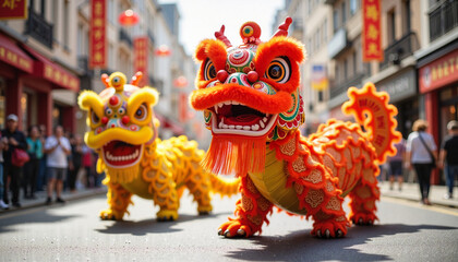Vibrant Orange asian Lion Dance Costumes in Traditional Festival Performance