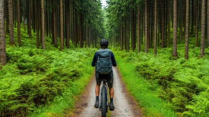 Obraz premium Adventurous Cyclist Riding Through Lush Green Forest Trail