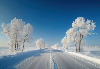 Majestic Winter Landscape with Frost-Covered Trees and Clear Blue Sky Creating a Serene and Tranquil Atmosphere on a Snowy Road