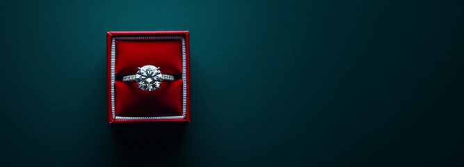 Looking down top view of round brilliant diamond ring in red velvet ring box on rich dark teal background
