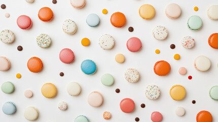 Colorful assortment of macarons displayed on white background