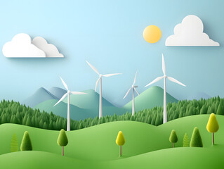 Sustainable energy solutions green hills digital art scenic landscape aerial view renewable concepts