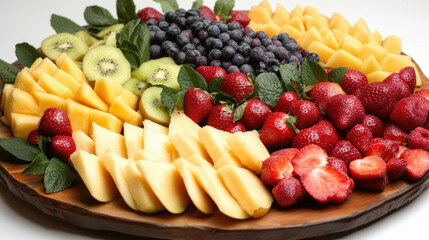 Vibrant fruit platter featuring strawberries, blueberries, kiwi, and melon