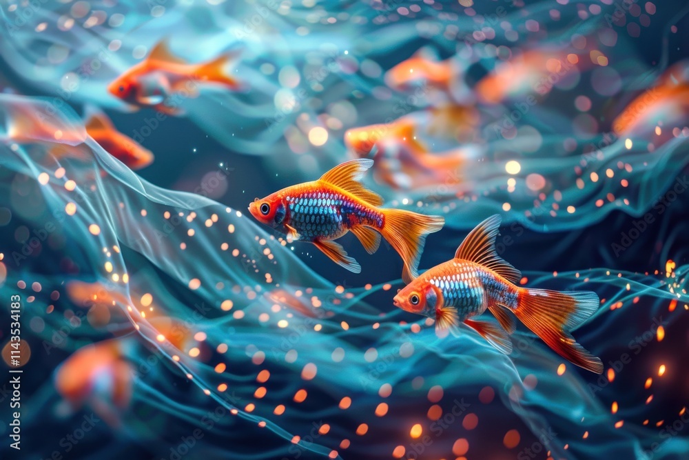 Wall mural digital aquarium with algorithmic fish swimming through glowing data streams, symbolizing the fluidi