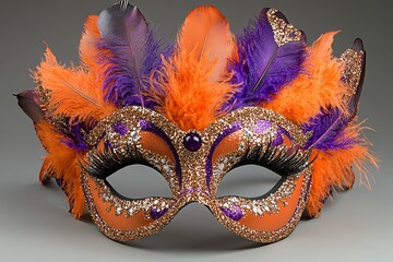 A vibrant masquerade mask adorned with feathers and glitter for festive occasions.