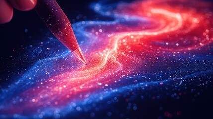 A hand holding a pen creates a vibrant cosmic swirl of light and color.