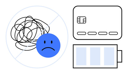 Messy tangled lines, sad blue face, credit card, low battery icon. Ideal for financial stress, payment issues, emotional strain, low energy financial management stress relief mental health. Line
