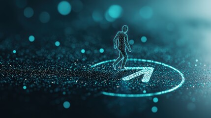 A futuristic, holographic figure stepping out of a location pin, representing virtual check ins, teleportation concepts, or the integration of physical and digital spaces.