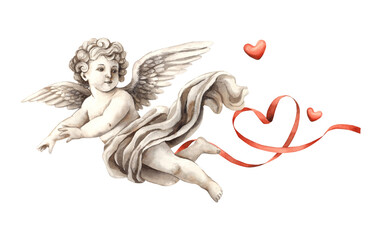 Cherub angel cupid of love made of ceramic material with a red heart and a silk ribbon. Watercolor illustration in vintage style, suitable for wedding, Valentine's Day, anniversary, cards, banner