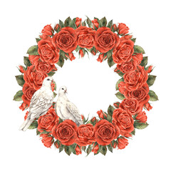 A wreath of red velvet roses with green leaves, a white couple of realistic doves of love. Watercolor wreath for cards, invitations, banners for weddings, Valentine's Day, birthdays and anniversaries.